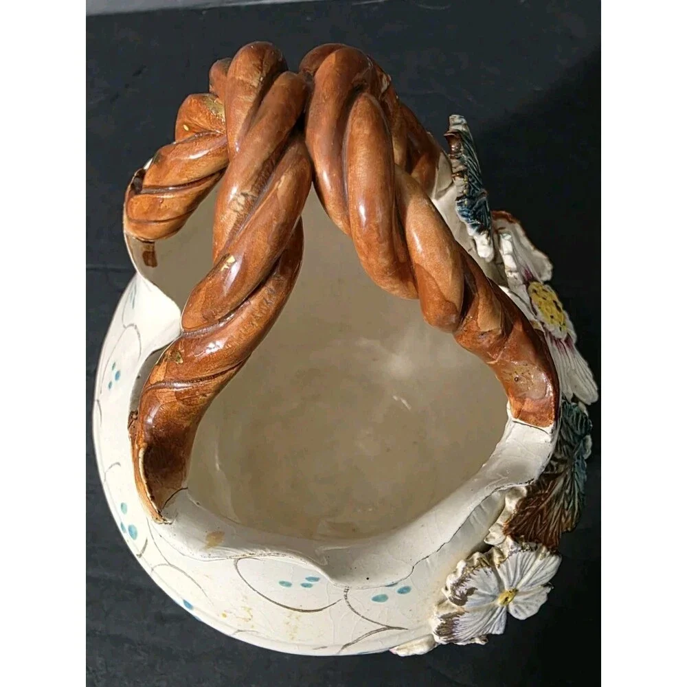 ​Vintage English Pottery Majolica Style Floral Basket Vase Twisted Handle